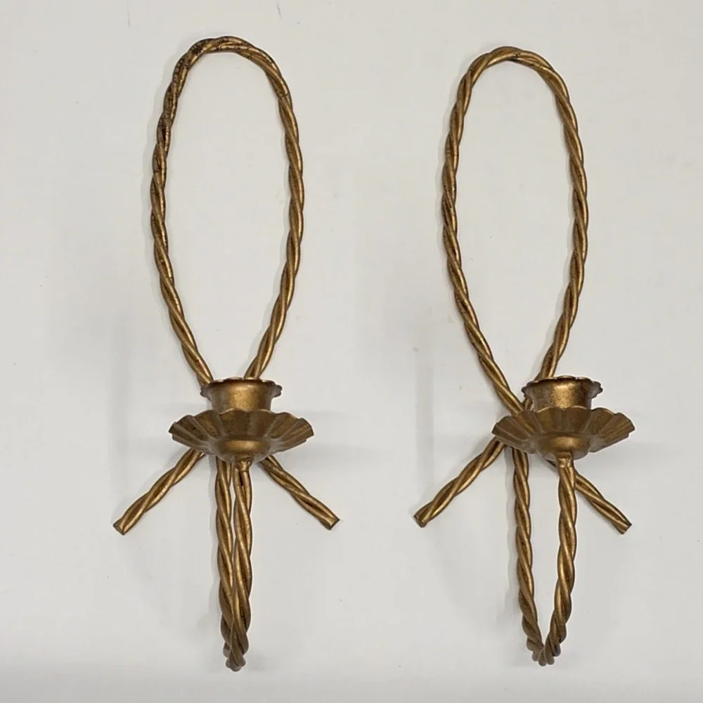 Vintage Wall Sconce Pair Gold Twisted Rope Metal Scalloped Set of 2